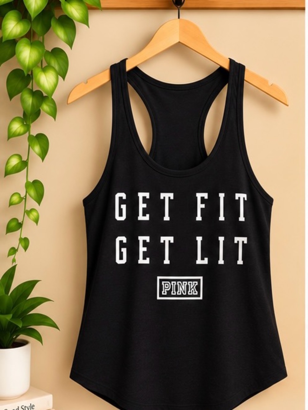 Victoria’s Secret PINK Get Fit Get Lit Black Racerback Tank Size S NWOT